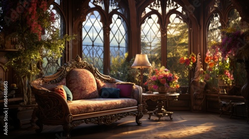Luxurious living room in fantasy style with ornate furnishings and beautiful golden hour lighting