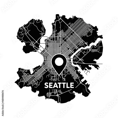 Seattle urban plan blueprint, representing roads and neighborhoods in black and white tone