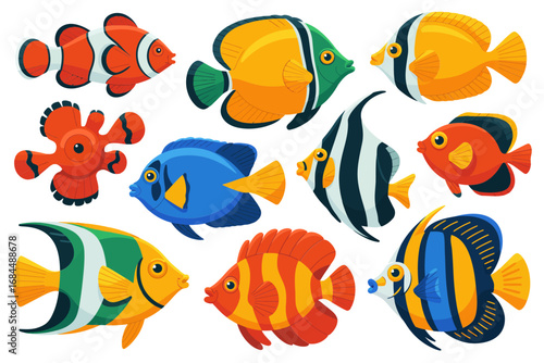Tropical reef fish vector set, vivid clownfish angelfish butterflyfish tang, coral reef accents, colorful marine animal illustrations, playful underwater icons