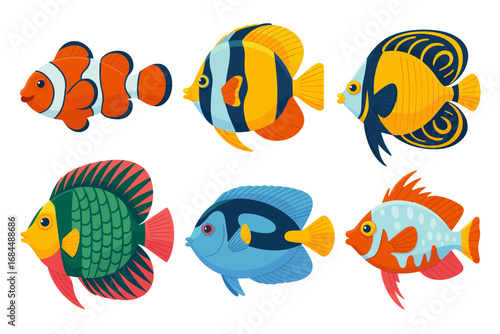 Bright reef fish pack, colorful angelfish parrotfish surgeonfish and clownfish, bold flat vector shapes, aquatic kids friendly illustration assets