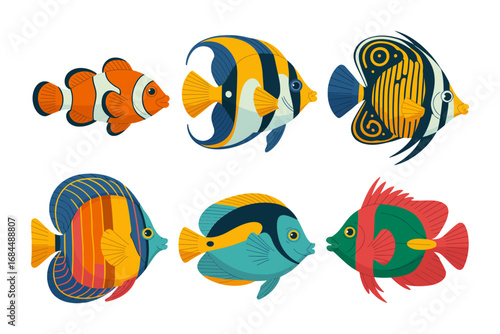 Decorative aquarium fish icons, bold flat tropical species, stylized clown angelfish tang parrot, ornamental sea life elements for pattern design