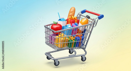 Grocery shopping cart full of food products and gifts for holiday season retail store purchase concept