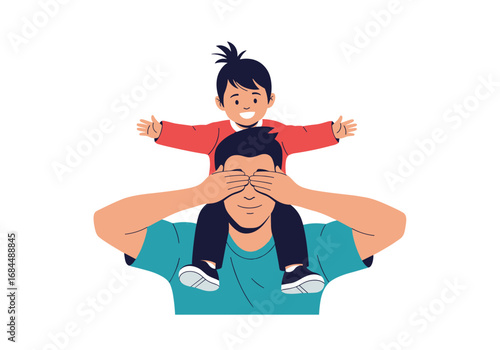 Joyful father carrying child on shoulders playing peekaboo together in a moment of pure delight and connection