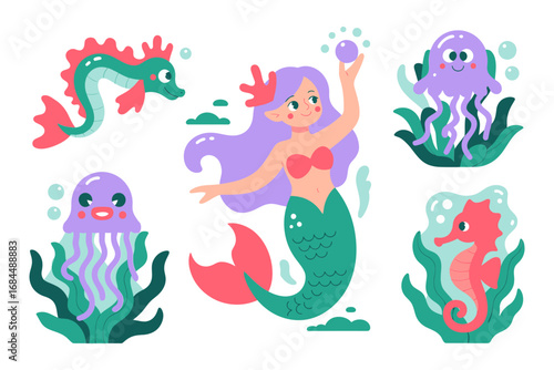 Cute mermaid character pack, colorful mermaid seahorse jellyfish octopus starfish, playful underwater stickers, children friendly vector illustrations ocean themed