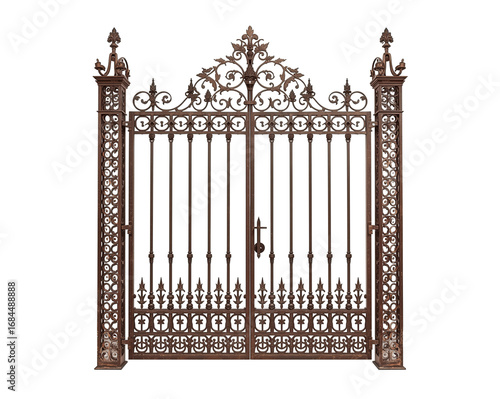 Intricate Antique Metal Gate with Ornate Details on Neutral Background, Ideal for Design Use