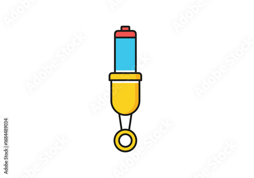 Illustrative representation of a hydraulic damper unit with blue fluid reservoir and yellow protective casing for automotive suspension systems