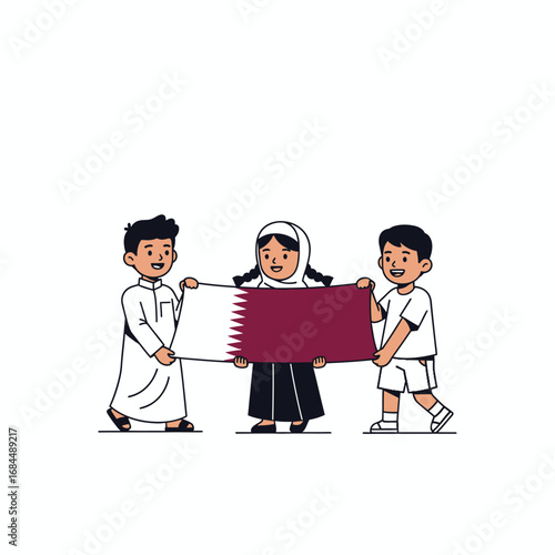 Children unitedly exhibiting the national flag of Qatar with cartoonish minimalist illustration