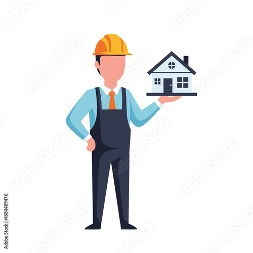 Construction worker proudly presents miniature home model with optimistic building vision plans