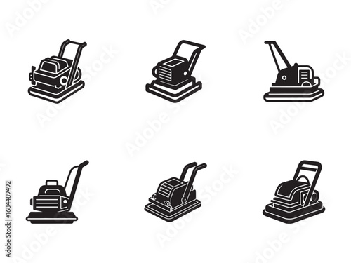 Set of Vibration Plate Compactor Icons for Construction and Landscaping Equipment Represented in Minimalist Black Silhouettes on White Background