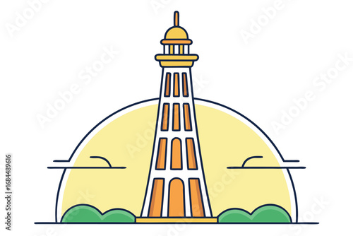 Stylized illustration of the Blackpool Tower with clouds and greenery landmark architecture