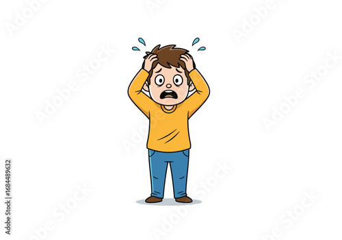A young boy experiencing extreme fear and panic with his hands gripping his hair in distress and shock illustration
