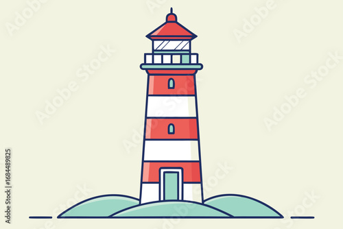 Stylized Lighthouse with Red and White Stripes on a Pale Yellow Background beacon maritime