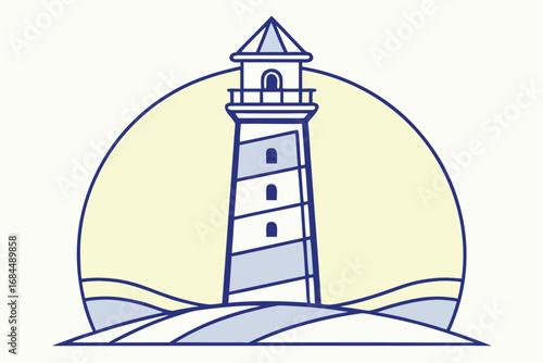 Stylized lighthouse illustration with waves and sun on white background beacon maritime