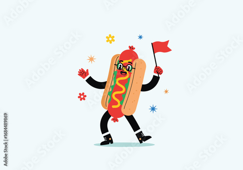 Joyful hot dog character dancing with festive decorations and waving a red flag happily celebrating a special event