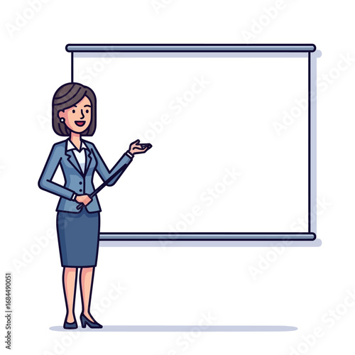 Professional woman presenting in front of blank whiteboard offering strategic insights and vision