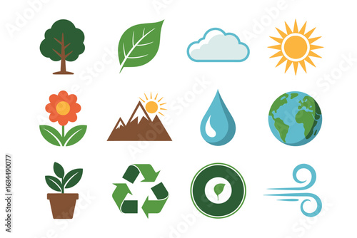Environmental earth icon collection, tree leaf water sun mountain flower seedling recycle wind globe, nature conservation ecology symbols
