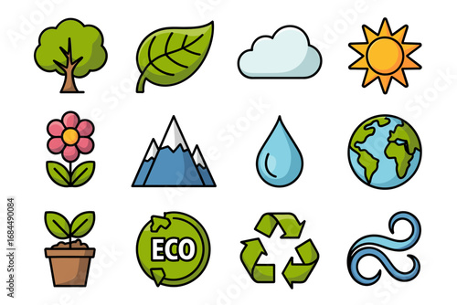 Sustainable living icon set, plant sprout recycle badge mountain water drop globe leaf flower eco label, green lifestyle symbols