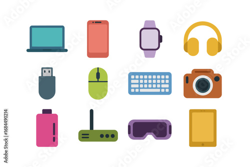 Flat electronic device glyph set, tablet phone wearable headphones vr headset camera power bank mouse keyboard usb dongle stylus