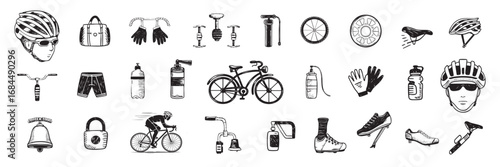 Vintage hand drawn cycling doodle set with bicycle, gears and accessories vector illustration