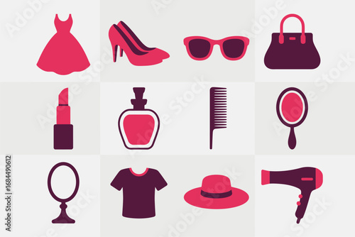 Women fashion accessory icons, dress high heel sunglasses handbag lipstick perfume comb mirror hat blouse hairdryer, beauty style vectors
