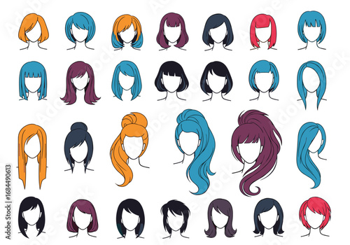 Collection of diverse hairstyles and haircuts for women featuring various colors and cuts representing modern trends