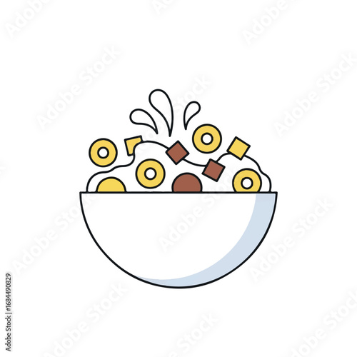 A simple cartoon illustration of a bowl of breakfast cereal with milk splashes, featuring yellow rings and brown squares.