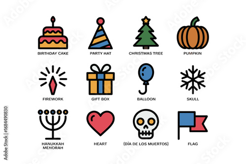 Festive holiday silhouette pack, black glyph icons birthday cake party hat tree pumpkin fireworks gift balloon menorah heart skull flag