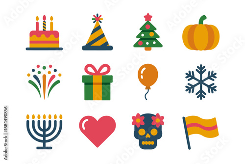Colorful celebration icon collection, cake party hat gift balloon christmas tree pumpkin menorah heart skull flag festive decoration vectors