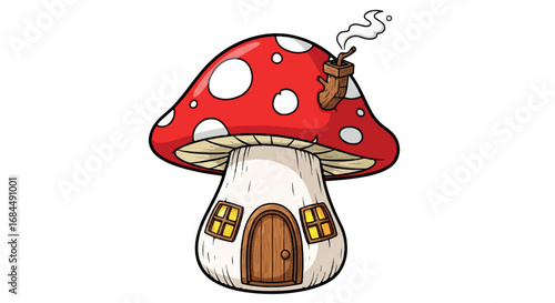 A whimsical cartoon illustration of a red and white spotted mushroom house with a wooden door, windows, and a smoking chimney.