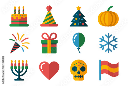 Holiday celebration icon set, birthday cake party hat gift balloon christmas tree pumpkin fireworks menorah heart skull pride flag symbols
