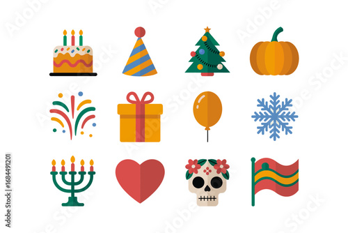 Multifaith celebration icon collection, birthday cake christmas tree pumpkin menorah heart sugar skull pride flag festive party gift balloon confetti