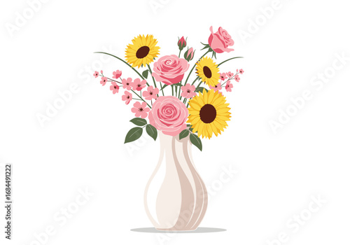A beautiful ceramic vase filled with a vibrant bouquet of pink roses yellow sunflowers and delicate pink blossoms creating a cheerful and elegant arrangement for any home decor accent