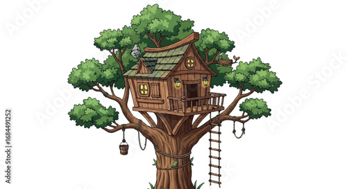 Charming Wooden Treehouse in a Lush Green Tree.