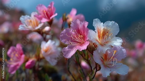 Pink and White Flowers with Dew Drops on Mountain Background