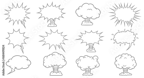 Dynamic array of explosive speech bubbles and atom cloud formations graphic design elements