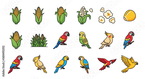 Colorful assortment of parrots and corn icons illustrating biodiversity in agriculture