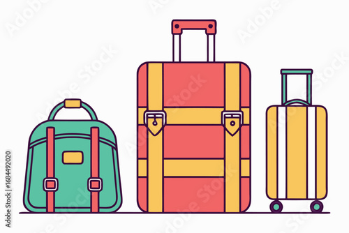Three pieces of luggage in different colors and styles on white background suitcases bags