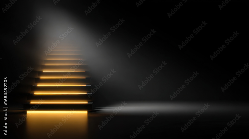 Obraz premium Dimly lit staircase with illuminated steps leads upward, creating mysterious and inviting atmosphere. contrast between light and shadow enhances sense of depth and intrigue