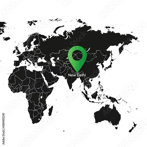 Navigating Asia: A stylized vector map with a green location pin highlighting New Delhi center