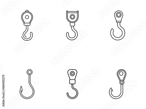 Variety of Lifting Hook Designs in Outline Style for Engineering and Construction Applications with White Background