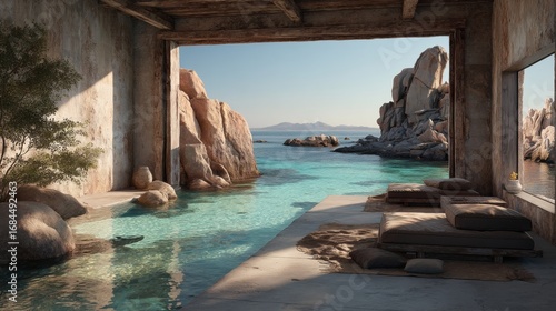 Rustic Coastal Retreat with Turquoise Water and Sunlit Rocks