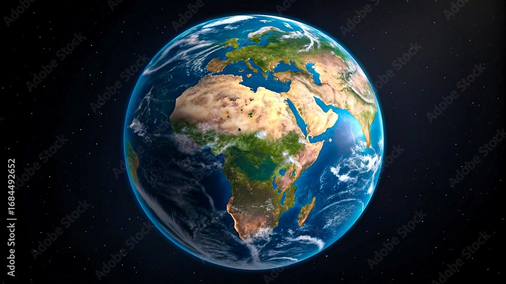 Fototapeta premium Realistic 8K Render of Earth with Glowing Blue, Green, and Brown Colors, Photorealistic Clouds and Water, Stunning Cinematic Lighting