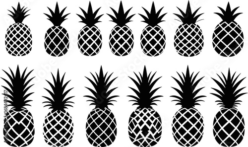 Pineapple silhouette collection, tropical fruit icon pack, repeated pineapple shapes, harvest motif patterns, food sticker vectors, summer design elements