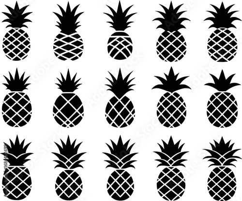 Pineapple pattern tile pack, bold tropical fruit silhouettes, decorative grid icons, repeatable summer textures, food motif vector elements for print