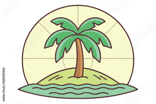 Tropical Island with Palm Tree and Ocean Waves vector illustration