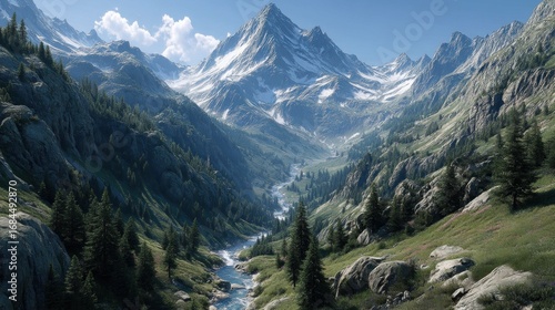 Serene Mountain River Valley Landscape Under a Sunny Sky