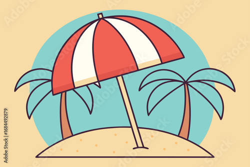Tropical beach scene with a striped umbrella and palm trees sand