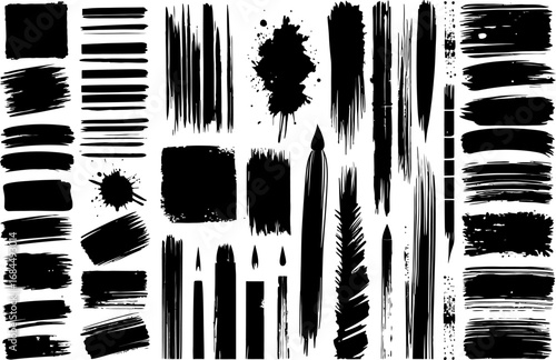 Hand drawn ink brush stroke texture sheet, varied painted marks, rough grunge lines, circular smudges, distressed vector overlays, artistic elements