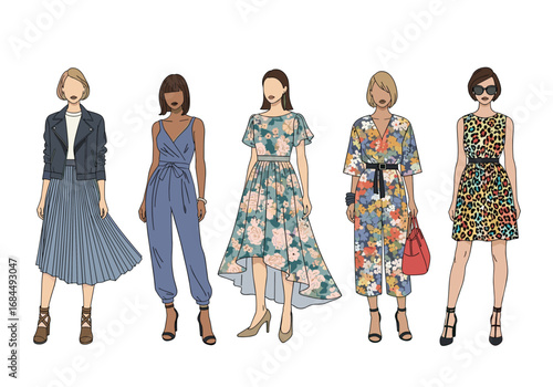 Fashion showcase of diverse apparel styles for modern women featuring chic outfits and trendy accessories