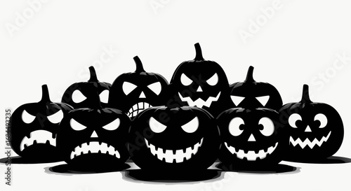 Vector Dark Halloween Pumpkin SVG Icon Set with Grinning Jack-o'-Lanterns in Minimalist Black and White Style